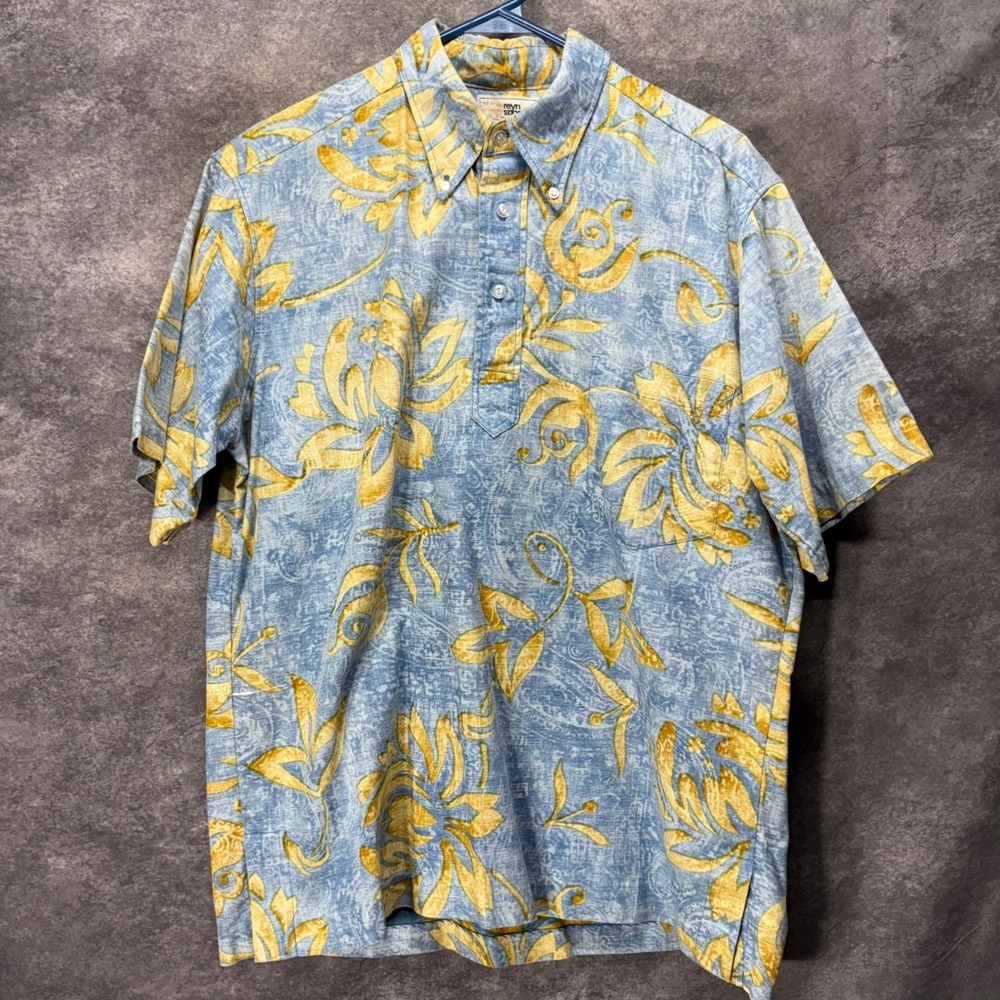 VTG 80s Reyn Spooner Blue Gold Floral Popover Hawaiian Shirt Sz L Reverse Print